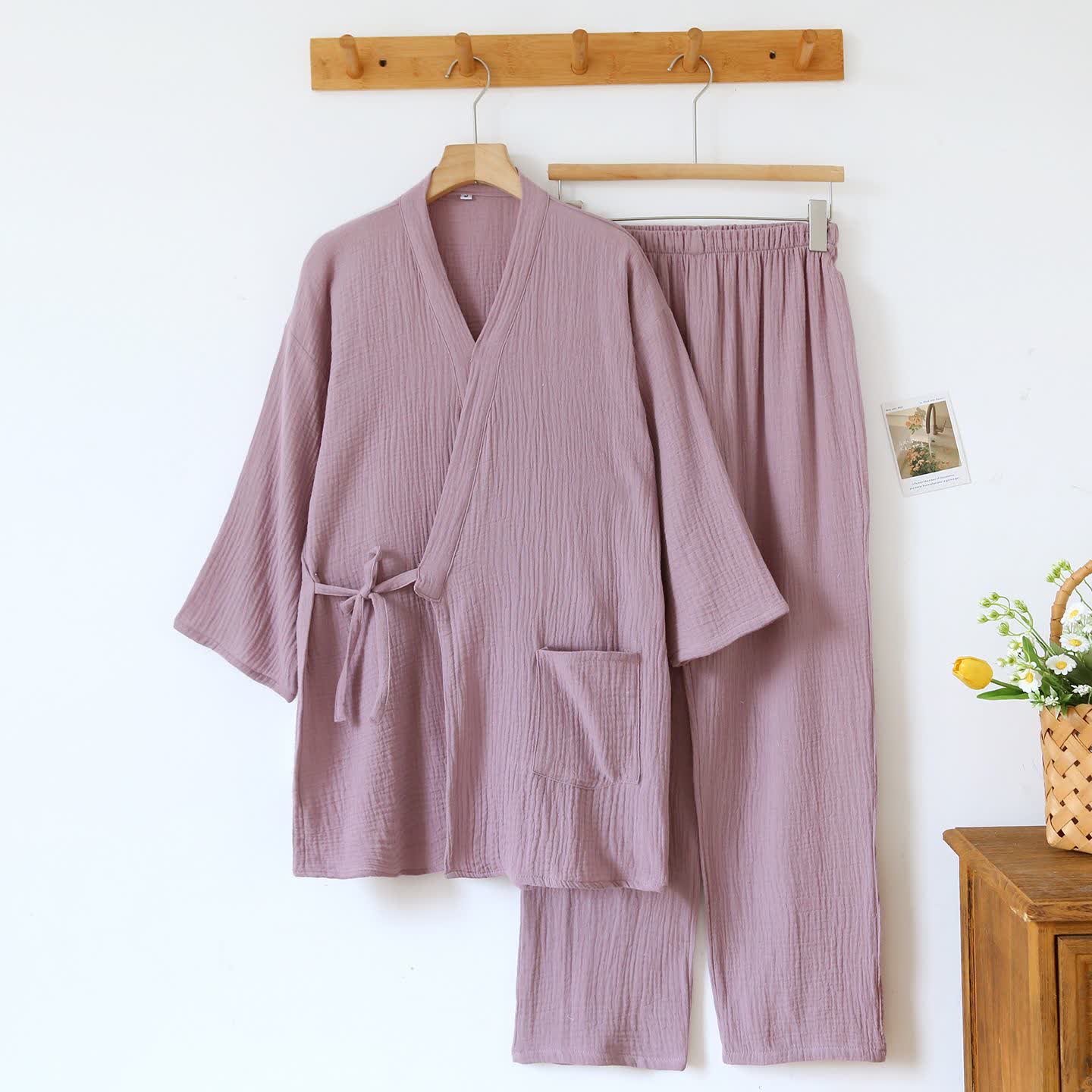 Unisex Minimalistischer Kimono aus Baumwollgaze Loungewear - Lila - Damen XL - image 4