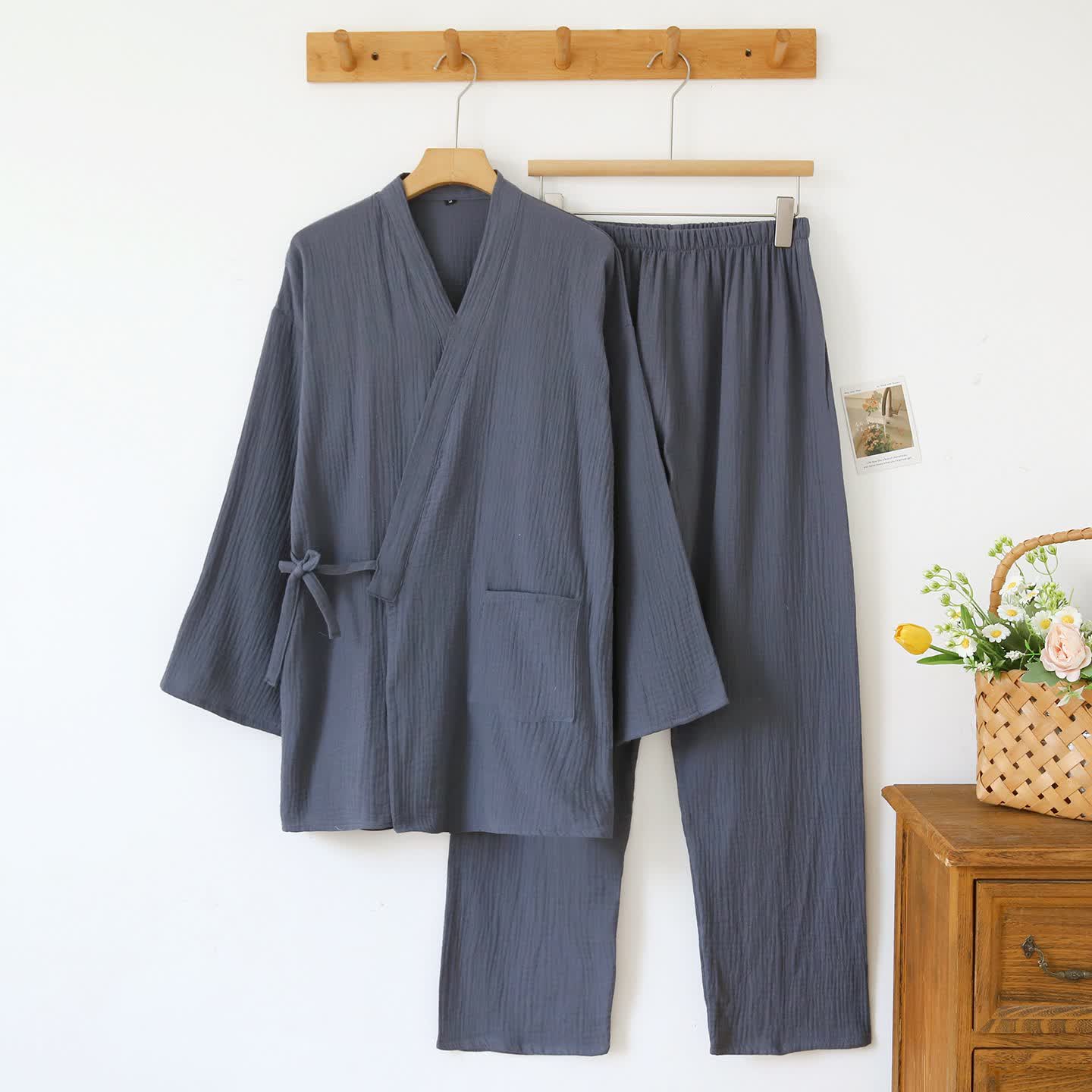 Unisex Minimalistischer Kimono aus Baumwollgaze Loungewear - Dunkelgrau - Herren XL - image 14