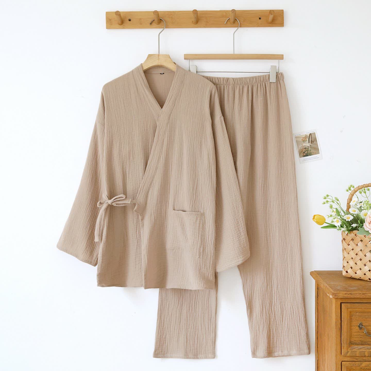Unisex Minimalistischer Kimono aus Baumwollgaze Loungewear - Khaki - Herren XL - image 13