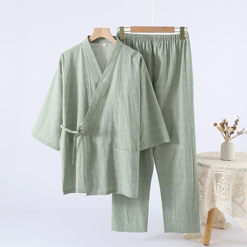 Kimono-Loungewear aus dezent kariertem Baumwollgaze - Grün - XL - image 10