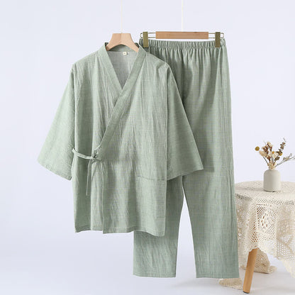 Kimono-Loungewear aus dezent kariertem Baumwollgaze - Grün - XL - image 10