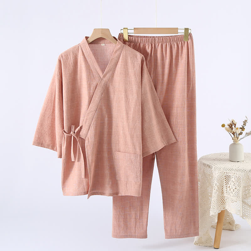 Kimono-Loungewear aus dezent kariertem Baumwollgaze - Orange - XL - image 0