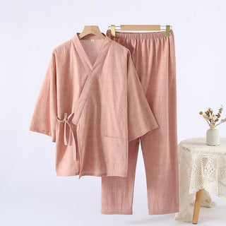 Kimono-Loungewear aus dezent kariertem Baumwollgaze - Orange - XL - image 0