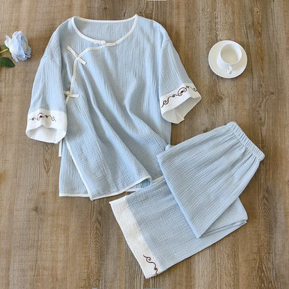 Loungewear im orientalischen Stil aus Baumwollgaze, Kimono - Blau - XL - image 17