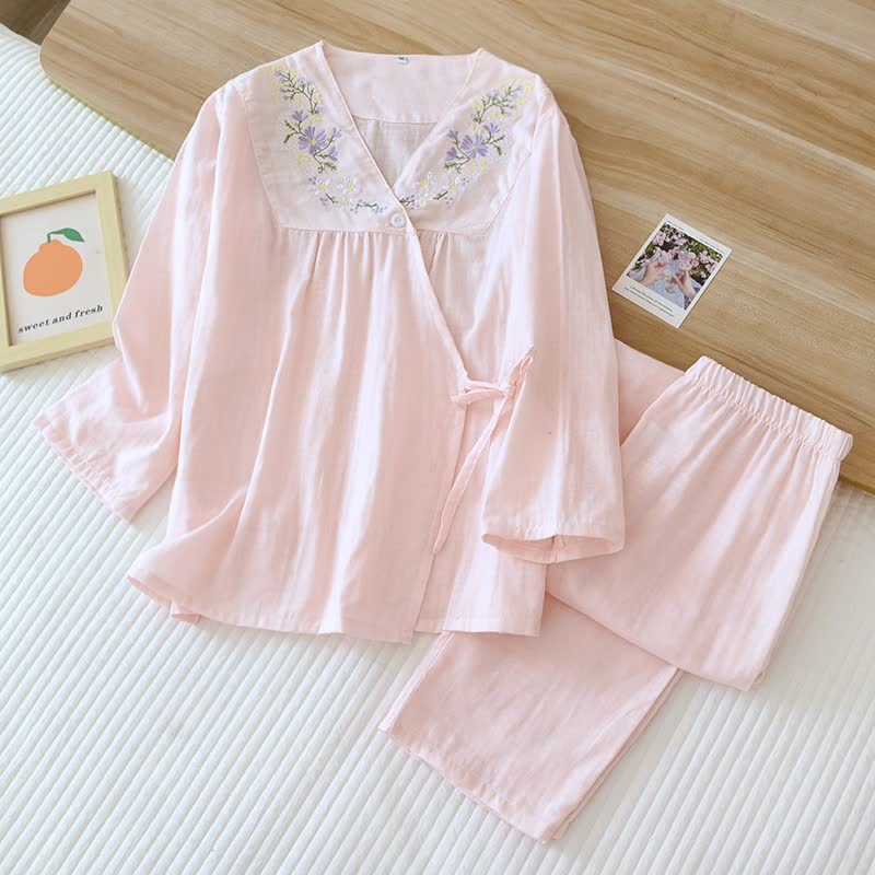 Kimono-Loungewear aus Baumwollgaze mit Blumenstickerei - Hellrosa - XL - image 3