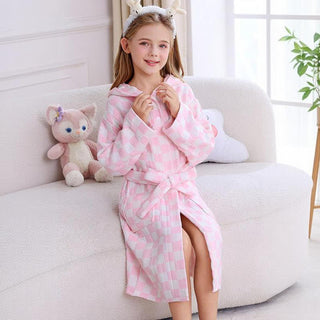 karierter Kinderbademantel aus Baumwollgaze mit Kapuze - Rosa - Kind: 145–160 cm - image 0