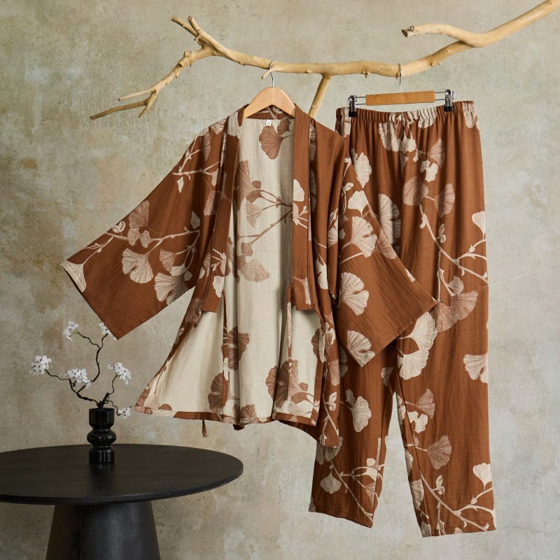 Großer Kimono-Pyjama aus Baumwolle mit Ginkgoblättern - Braun - XL - image 7