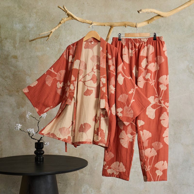 Großer Kimono-Pyjama aus Baumwolle mit Ginkgoblättern - Rosa - XL - image 5