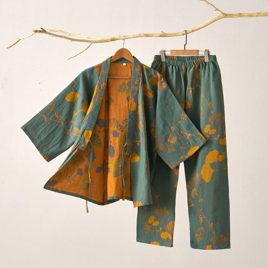 Großer Kimono-Pyjama aus Baumwolle mit Ginkgoblättern - Grün & Gelb - XL - image 0