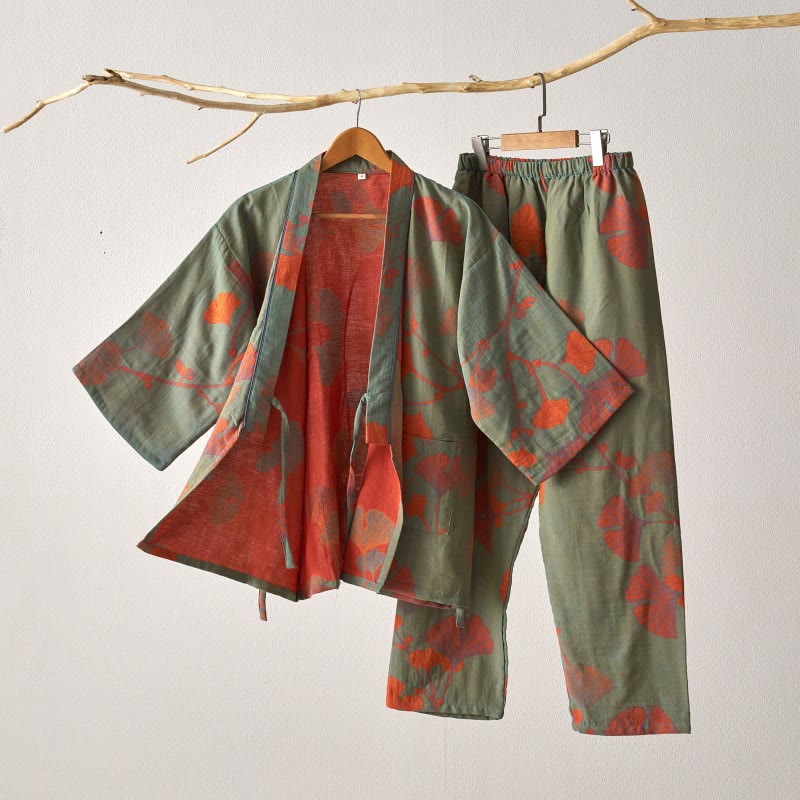 Großer Kimono-Pyjama aus Baumwolle mit Ginkgoblättern - Grün & Orange - XL - image 1