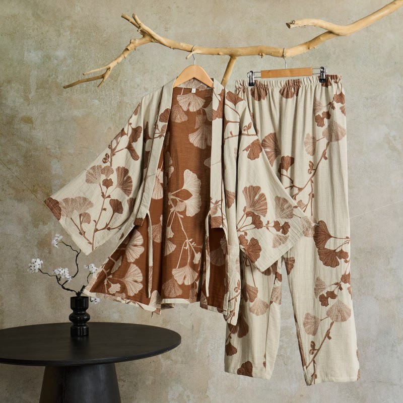 Großer Kimono-Pyjama aus Baumwolle mit Ginkgoblättern - Beige - XL - image 6