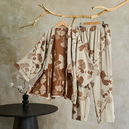 Großer Kimono-Pyjama aus Baumwolle mit Ginkgoblättern - Beige - XL - image 6