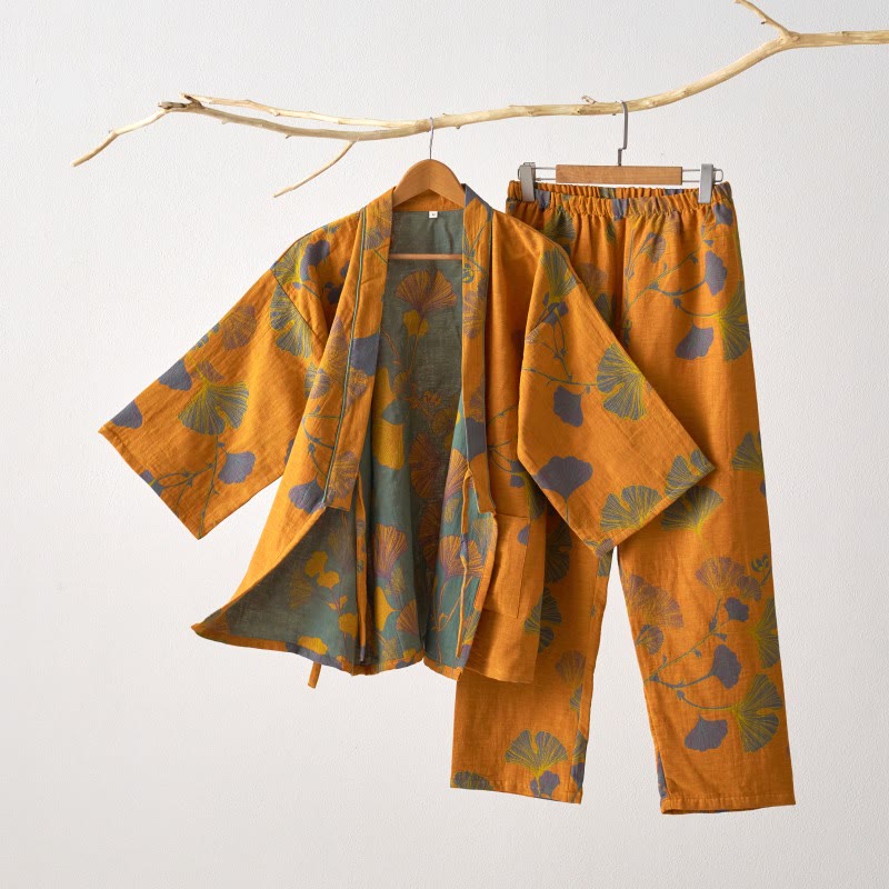 Großer Kimono-Pyjama aus Baumwolle mit Ginkgoblättern - Gelb - XL - image 4