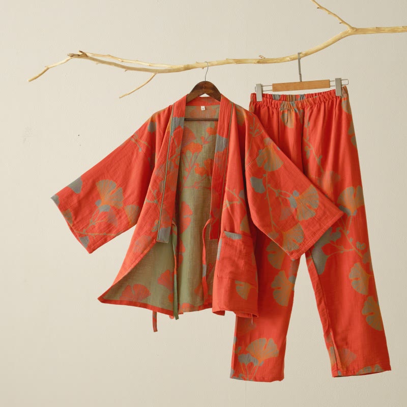 Großer Kimono-Pyjama aus Baumwolle mit Ginkgoblättern - Orange - XL - image 3