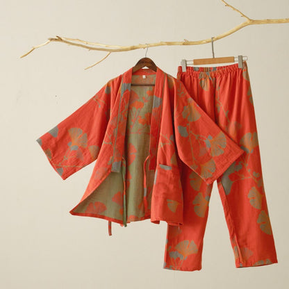 Großer Kimono-Pyjama aus Baumwolle mit Ginkgoblättern - Orange - XL - image 3