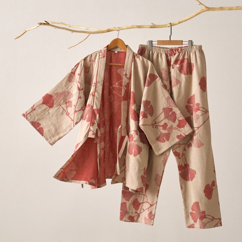 Großer Kimono-Pyjama aus Baumwolle mit Ginkgoblättern - Beige & Pink - XL - image 2