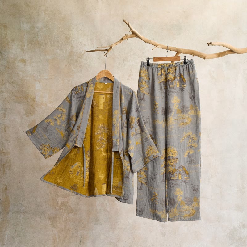 Neutrales Kimono-Pyjama-Set aus Baumwolle mit Landschaftsmotiv - Hellgrau - XL - image 1