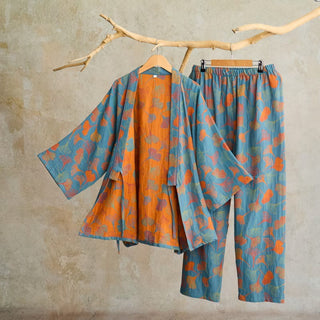 Kimono-Loungewear-Set aus Ginkgo-Baumwollgaze - Blau - XL - image 0