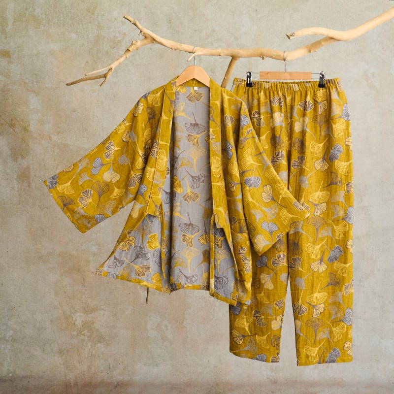 Kimono-Loungewear-Set aus Ginkgo-Baumwollgaze - Dunkelgelb - XL - image 6