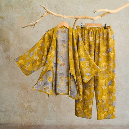Kimono-Loungewear-Set aus Ginkgo-Baumwollgaze - Dunkelgelb - XL - image 6