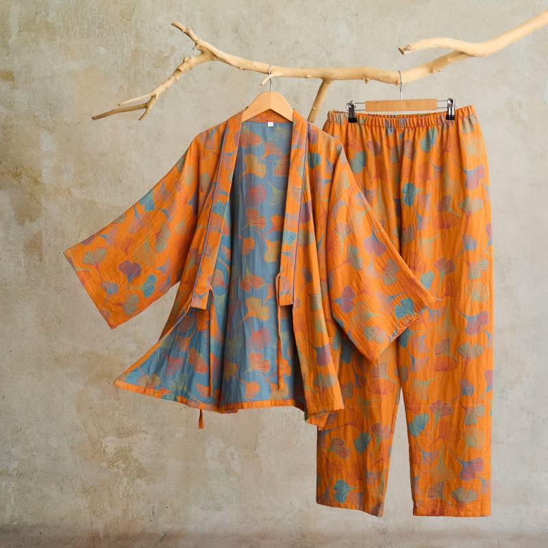 Kimono-Loungewear-Set aus Ginkgo-Baumwollgaze - Orange - XL - image 4
