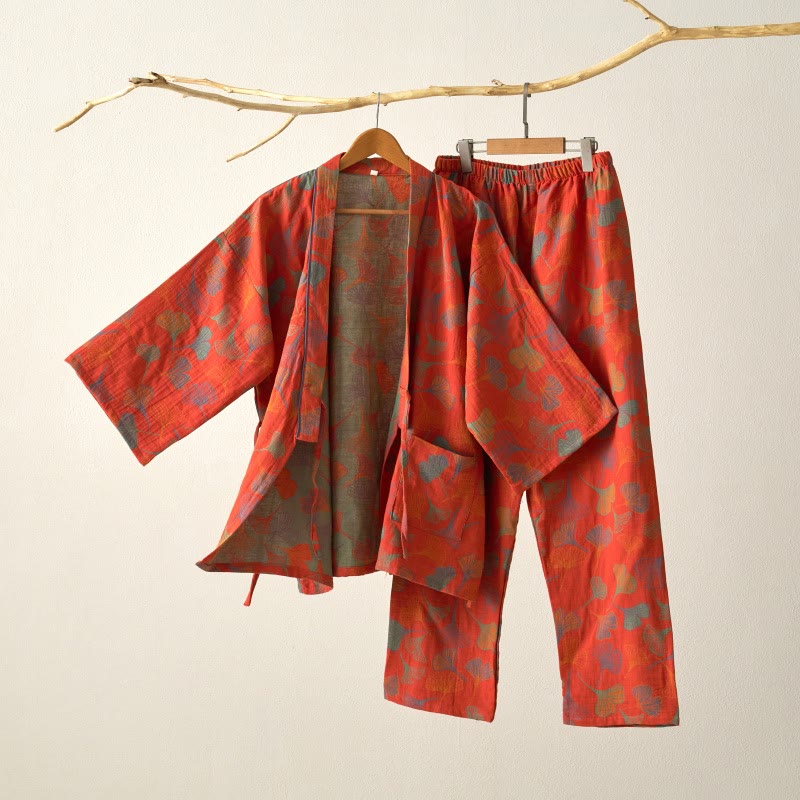 Kimono-Loungewear-Set aus Ginkgo-Baumwollgaze - Orangerot - XL - image 11