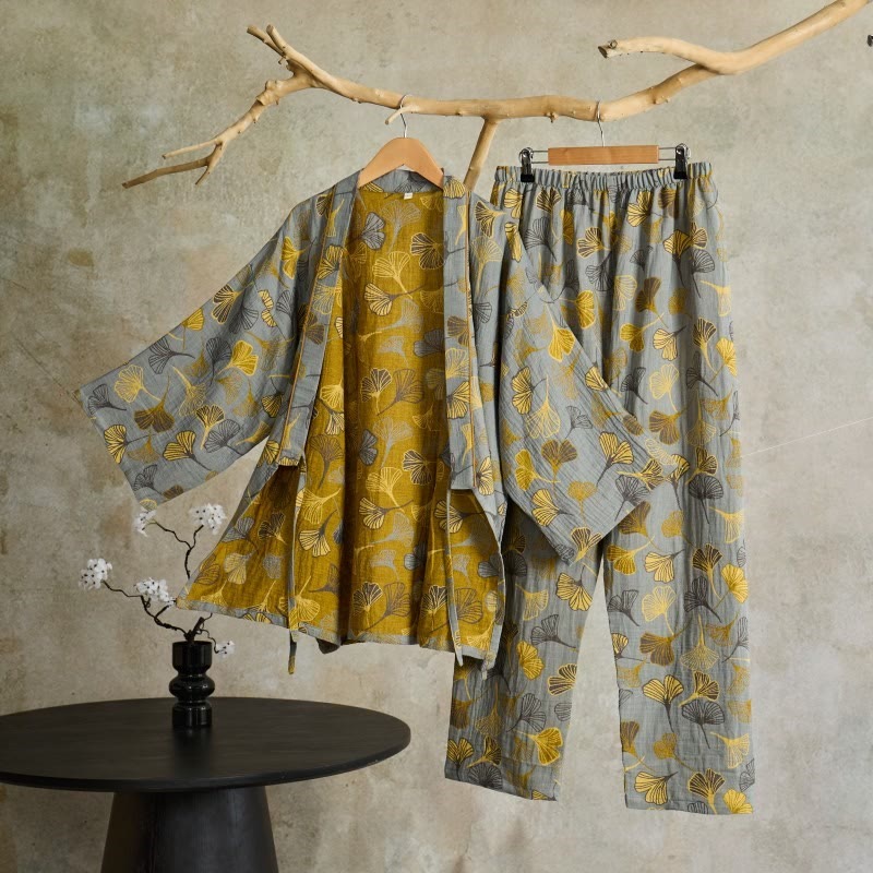 Kimono-Loungewear-Set aus Ginkgo-Baumwollgaze - Hellgrau - XL - image 43