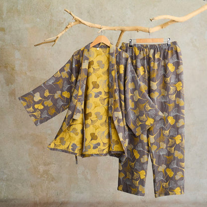 Kimono-Loungewear-Set aus Ginkgo-Baumwollgaze - Dunkelgrau - XL - image 7