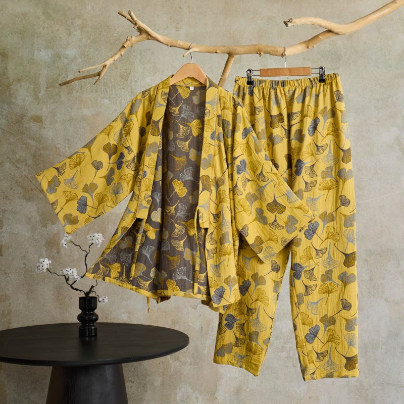Kimono-Loungewear-Set aus Ginkgo-Baumwollgaze - Hellgelb - XL - image 9