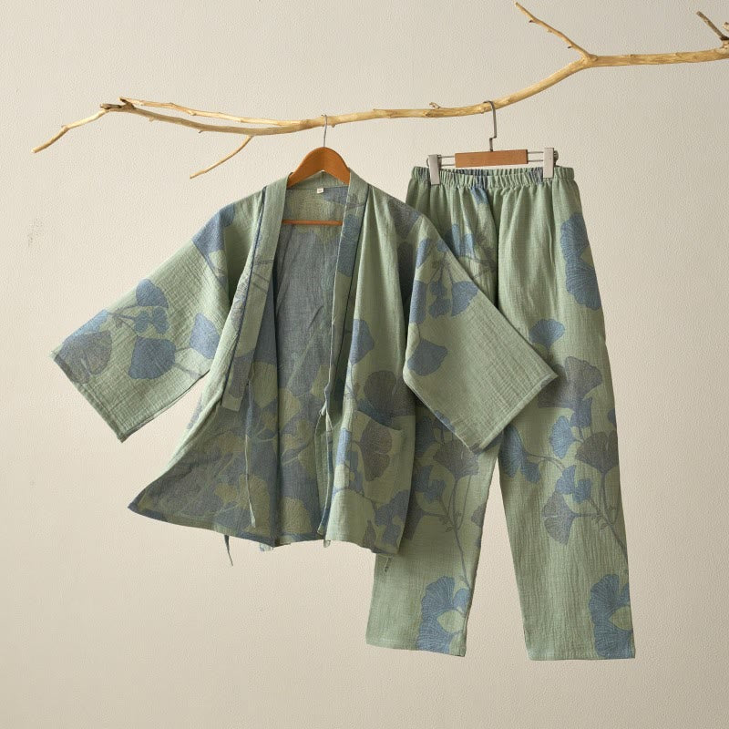 Ginkgoblatt-Kimono aus Bio-Baumwolle, Loungewear - Grün - XL - image 0