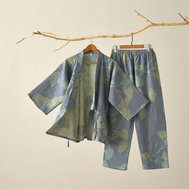 Ginkgoblatt-Kimono aus Bio-Baumwolle, Loungewear - Hellblau - XL - image 1