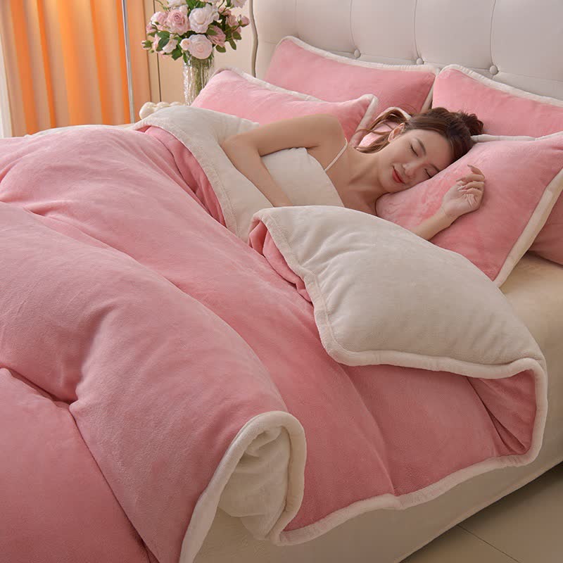 Wendbares, einfarbiges Plüsch-Bettwäscheset - Rosa & Beige - Bettwäsche-Set - 220cm x 240cm - image 4