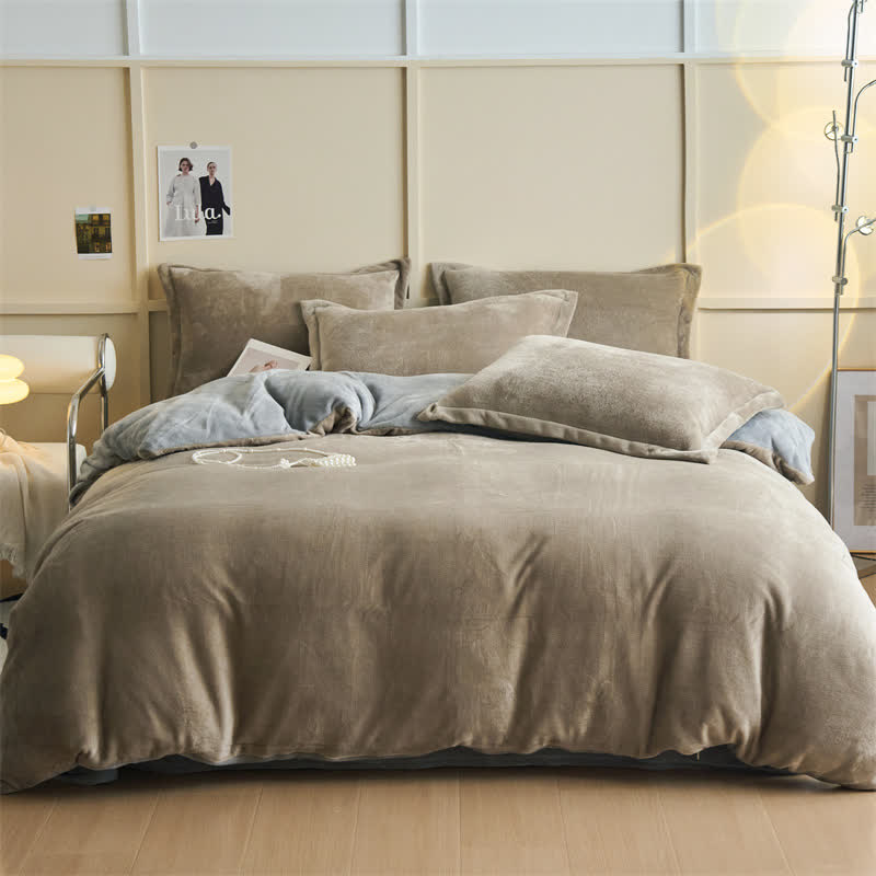 Einfaches, wendbares, einfarbiges Plüsch-Bettwäscheset - Khaki & Grau - Bettwäsche-Set - 220cm x 240cm - image 2