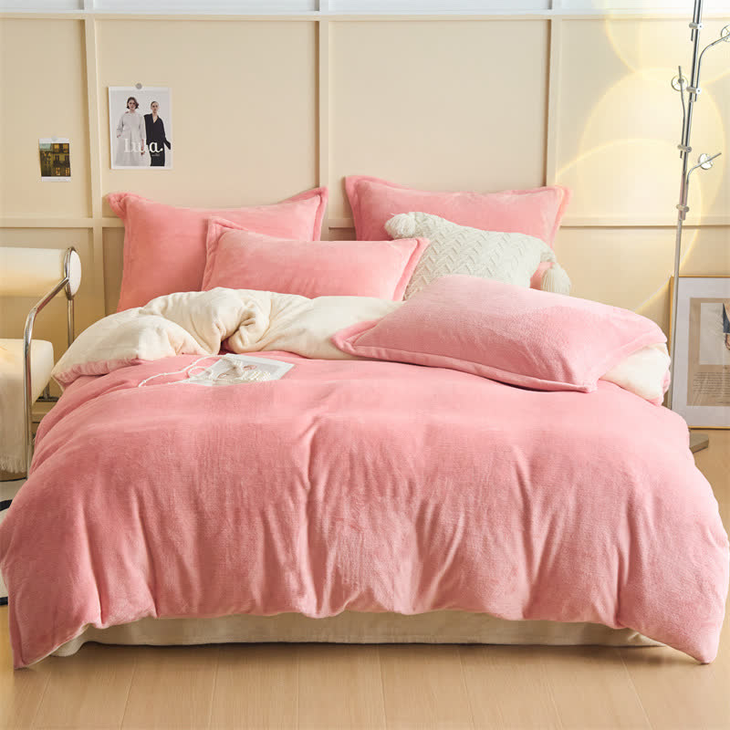Einfaches, wendbares, einfarbiges Plüsch-Bettwäscheset - Rosa & Beige - Bettwäsche-Set - 220cm x 240cm - image 1
