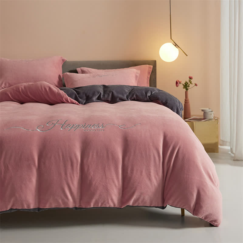 Glücks-Bettwäscheset aus besticktem Plüsch (4-teilig) - Dunkelrosa & Grau - 220cm x 240cm - image 20