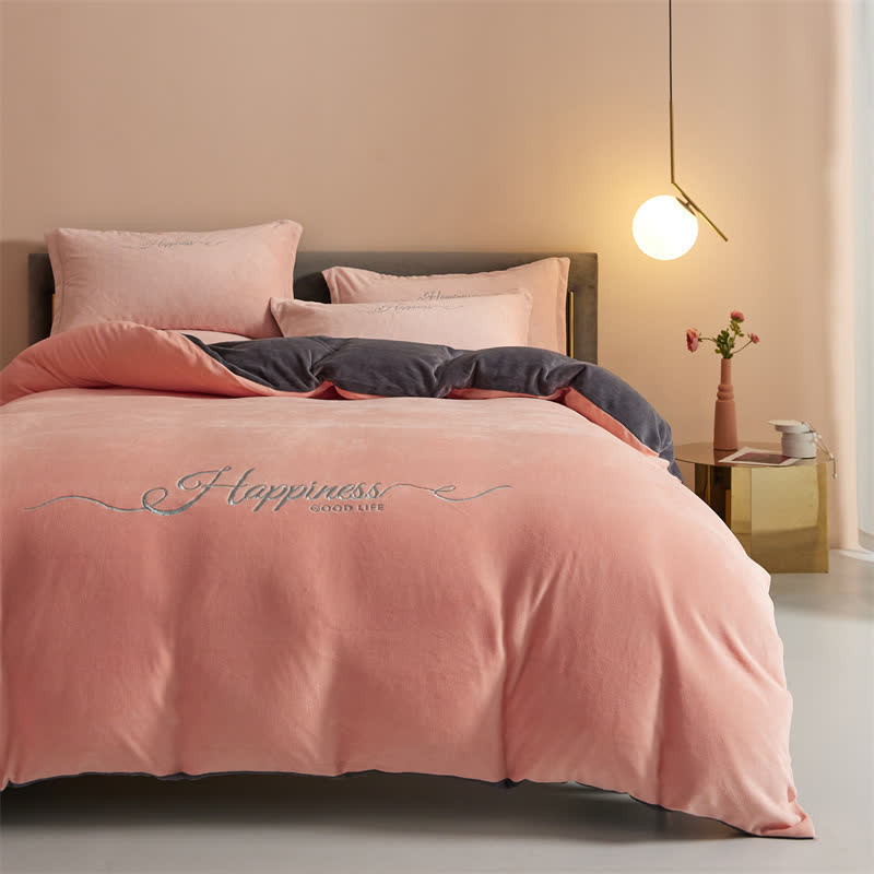 Glücks-Bettwäscheset aus besticktem Plüsch (4-teilig) - Rosa & Grau - 220cm x 240cm - image 17