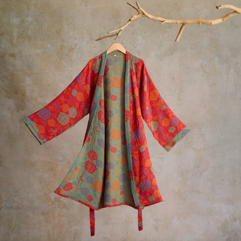Romantischer Kimono-Bademantel aus Baumwollgaze mit Rosenmuster - Rot - L - image 0
