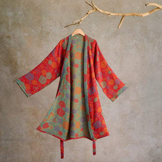 Romantischer Kimono-Bademantel aus Baumwollgaze mit Rosenmuster - Rot - L - image 0