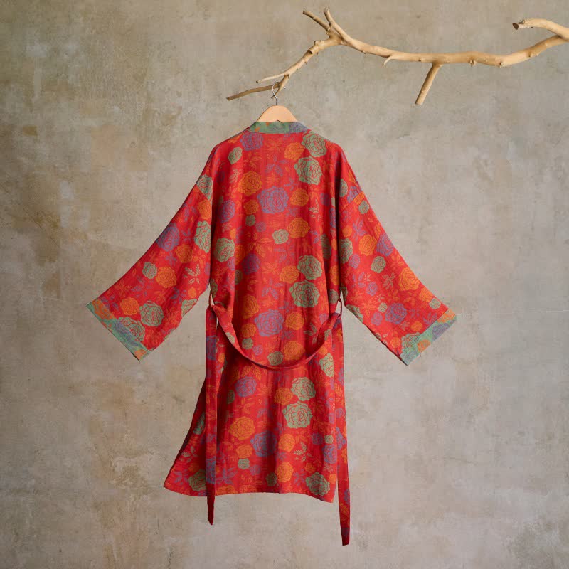 Romantischer Kimono-Bademantel aus Baumwollgaze mit Rosenmuster - image 1