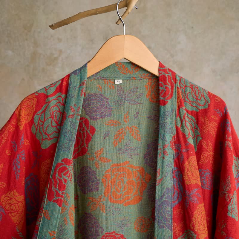 Romantischer Kimono-Bademantel aus Baumwollgaze mit Rosenmuster - image 3