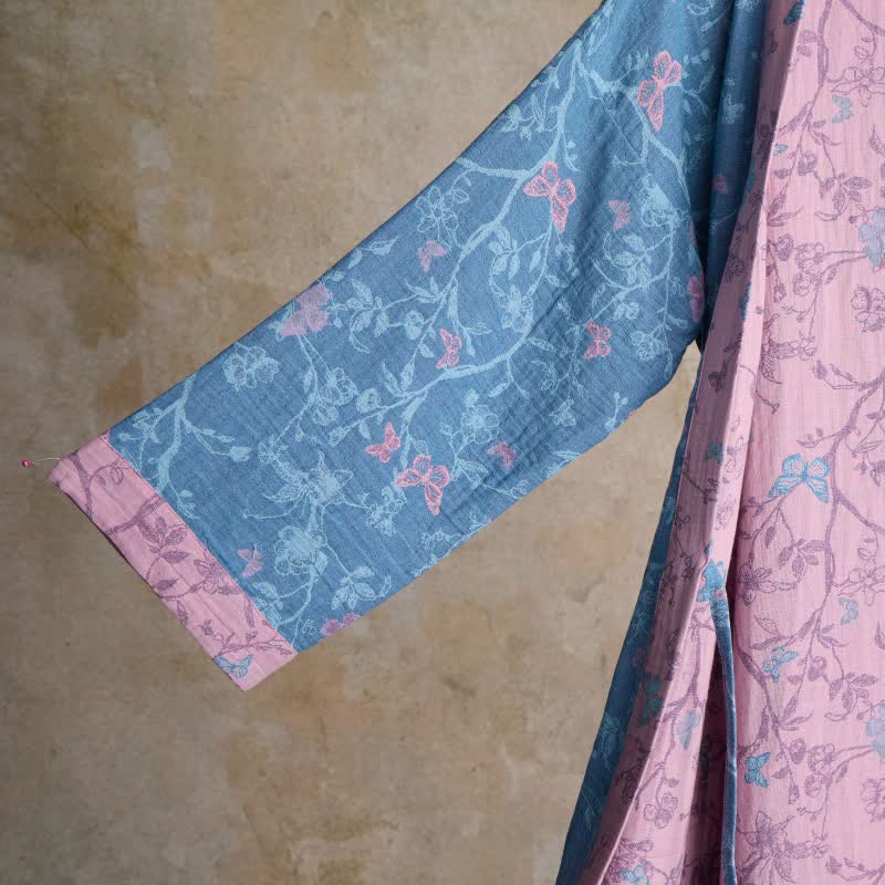 Eleganter Kimono-Bademantel aus Baumwollgaze mit Blumenmuster und Schmetterlingsmotiven - image 4