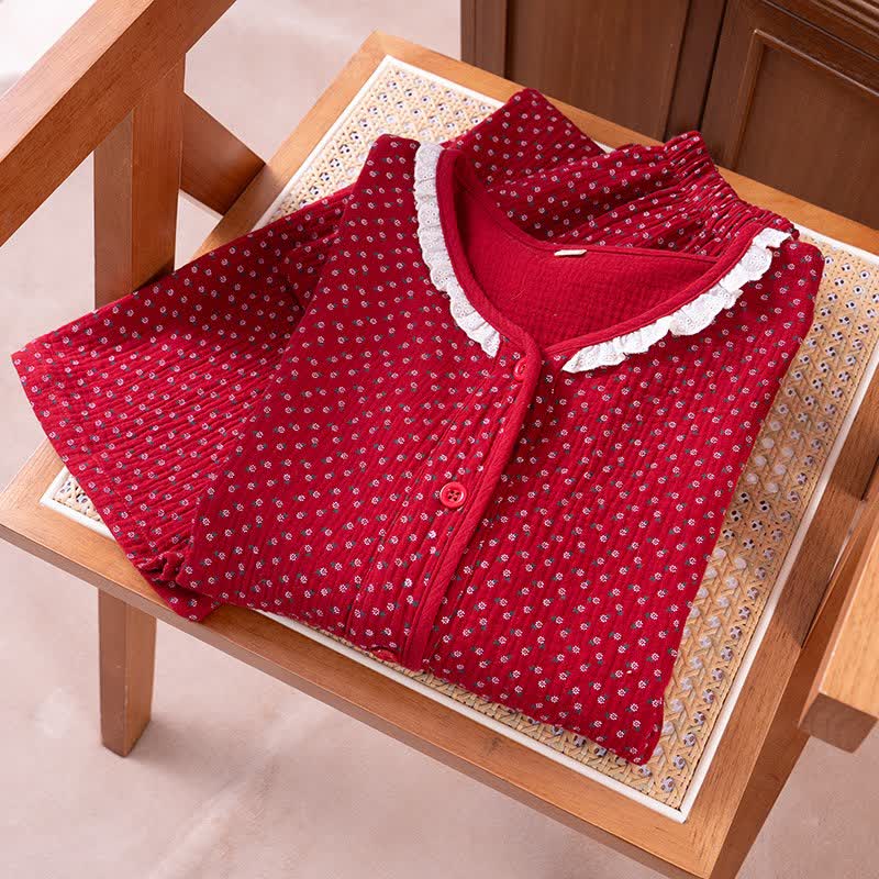 Rotes Pyjama-Set aus reiner Baumwolle mit Blumenmuster - image 3