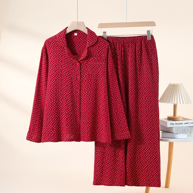 Rotes Pyjama-Set aus reiner Baumwolle mit Blumenmuster - Rot - Reverskragen - XXL - image 13