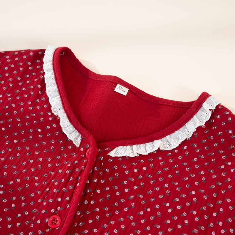 Rotes Pyjama-Set aus reiner Baumwolle mit Blumenmuster - image 4