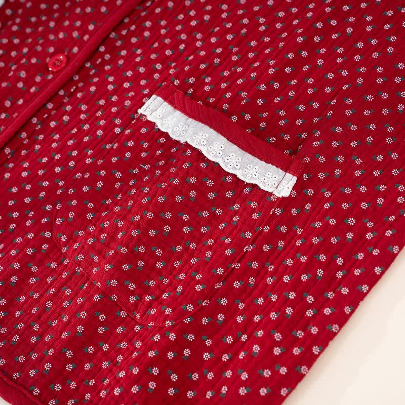 Rotes Pyjama-Set aus reiner Baumwolle mit Blumenmuster - image 6