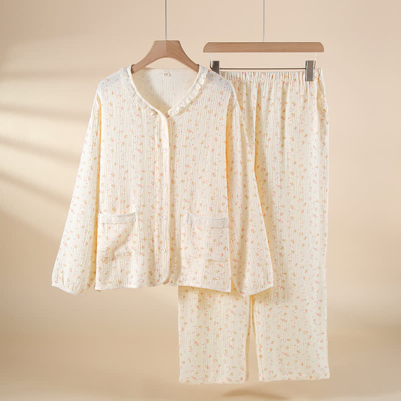 Pyjama-Set aus Baumwollgaze mit Blumenmuster und Rüschen - Weiß - XXL - image 0