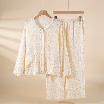 Pyjama-Set aus Baumwollgaze mit Blumenmuster und Rüschen - Weiß - XXL - image 0