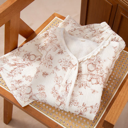 Retro-Pyjama-Set aus Baumwollgaze mit Rüschen und Blumenmuster - image 1