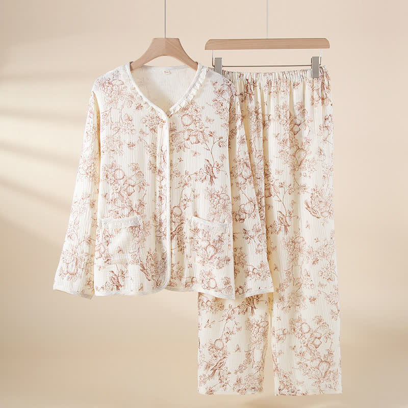 Retro-Pyjama-Set aus Baumwollgaze mit Rüschen und Blumenmuster - Weiß - XXL - image 0