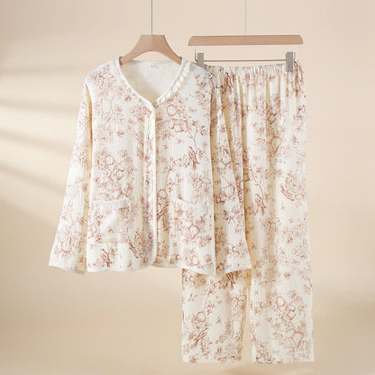 Retro-Pyjama-Set aus Baumwollgaze mit Rüschen und Blumenmuster - Weiß - XXL - image 0